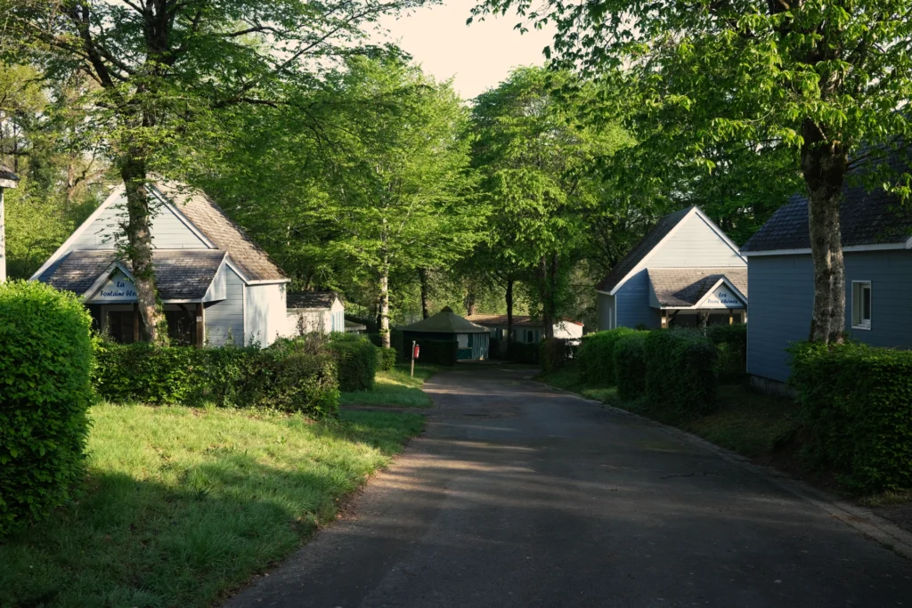 Chemin bordé de chalets et d’arbres au Camping Parc de Vaux