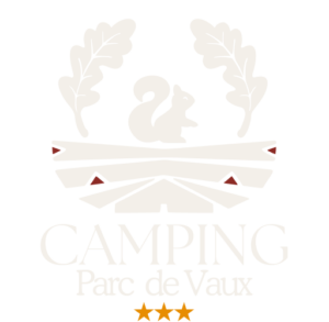 Logo du Camping Parc de Vaux avec un écureuil, des feuilles de chêne et une tente stylisée.