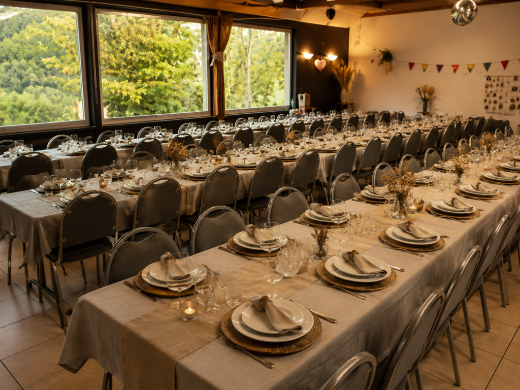 Salle de réception décorée pour un événement au Camping Parc de Vaux, en Mayenne